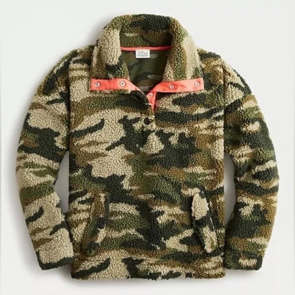 J CREW Sherpa Fleece Snap Collar Sweatshirt Jacket Camo Style AE962 Medium